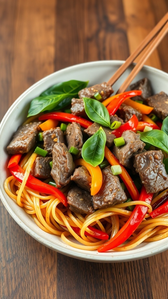 A colorful plate of Thai basil beef noodles with beef, bell peppers, and fresh basil, garnished with green onions.